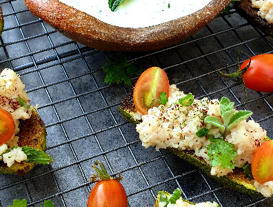 Zucchinis with Chermoula, Bulgur and a dollop of Yogurt with Herbs 